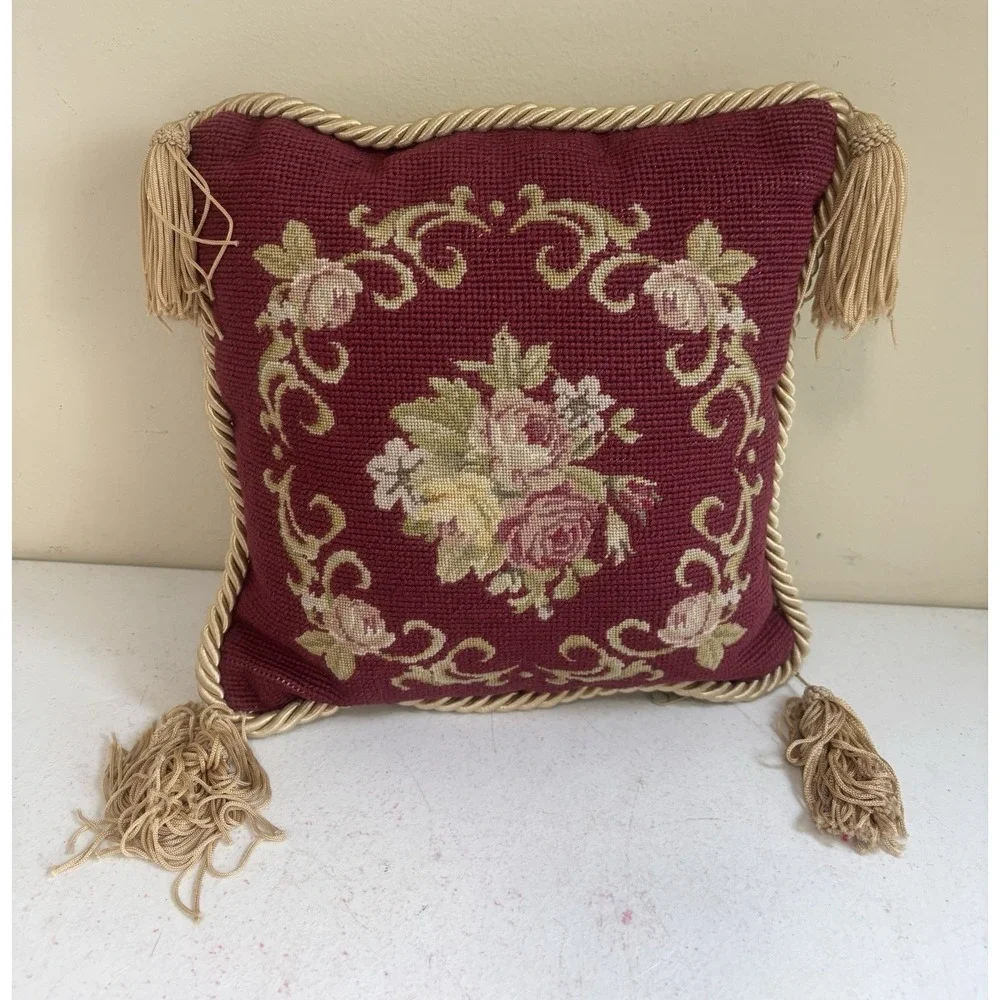 Vintage Wool Needlepoint Pillow Berry Color 11x11 W/Tassels Victorian Decor